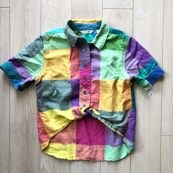 Liz Claiborne Linen Cotton Blend Colorful Plaid Cropped Button-Up Shirt Size S - Picture 1 of 8
